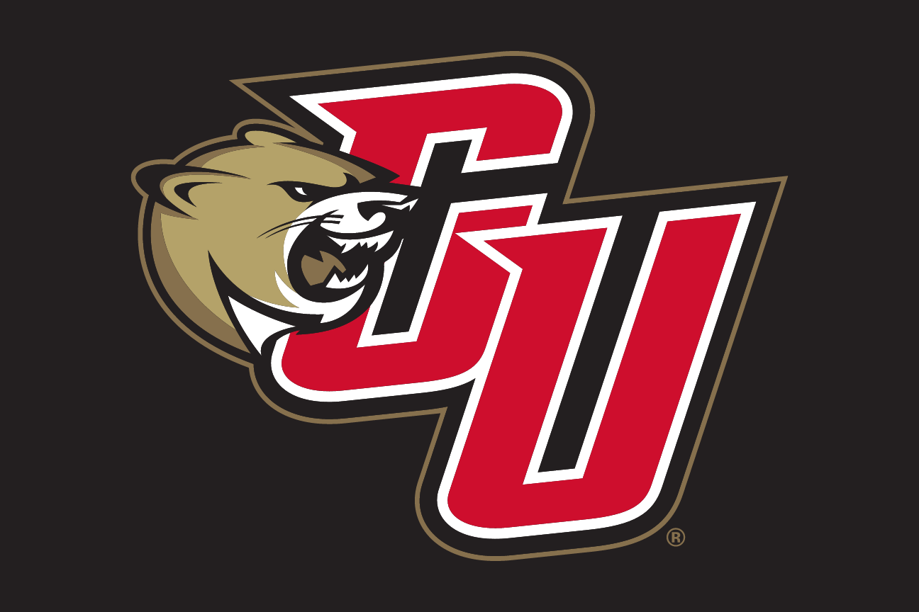 CU lettermark with cougar head, red/black with drop shadow, head left, on dark variant, cell 67