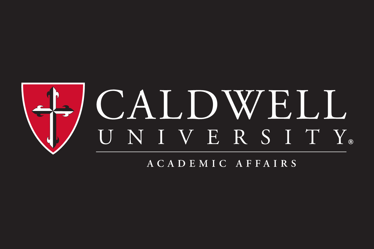 Caldwell University logo with Academic Affairs, red/white on black variant, cell 97