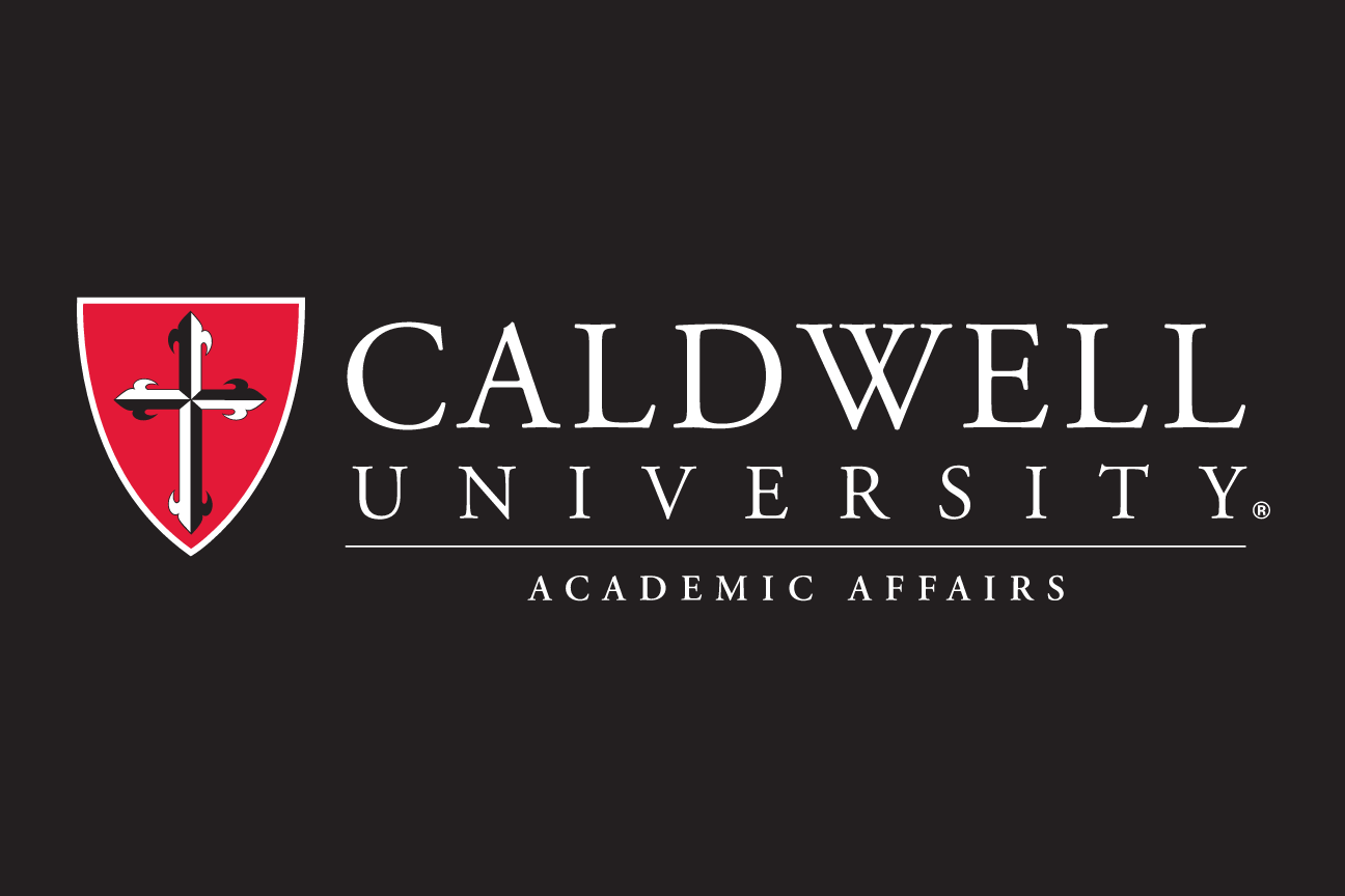 Caldwell University logo with Academic Affairs, red/white on black variant, cell 99