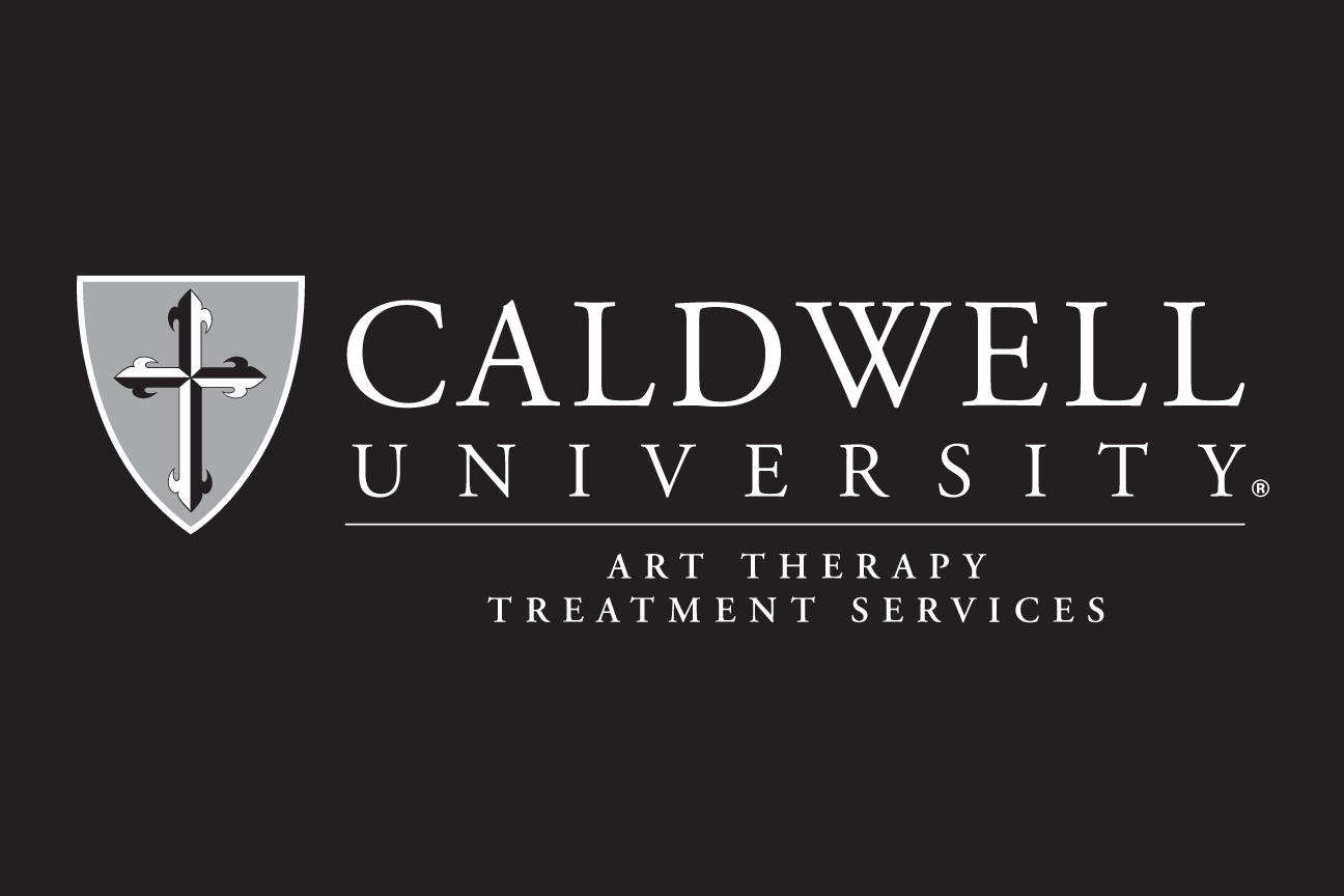 Caldwell University logo with Art Therapy Treatment Services, grey/white on black variant, cell 107