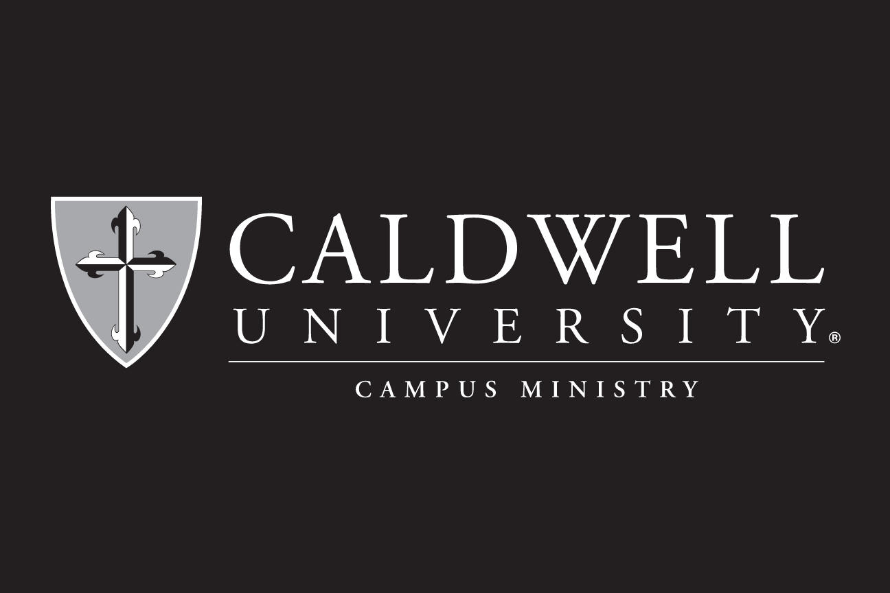 Caldwell University logo with Campus Ministry, grey/white on black variant, cell 113