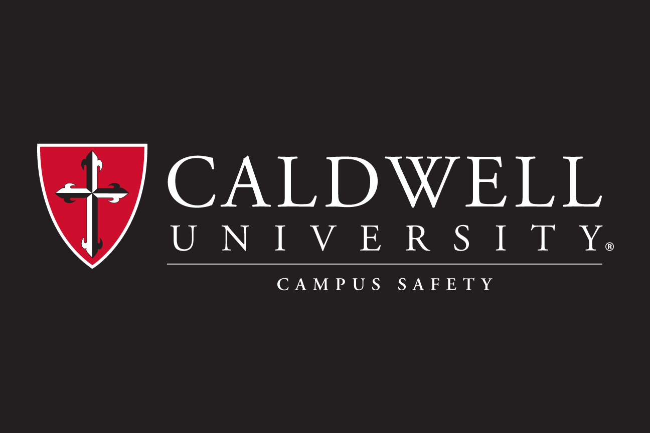 Caldwell University logo with Campus Safety, red/white on black variant, cell 115