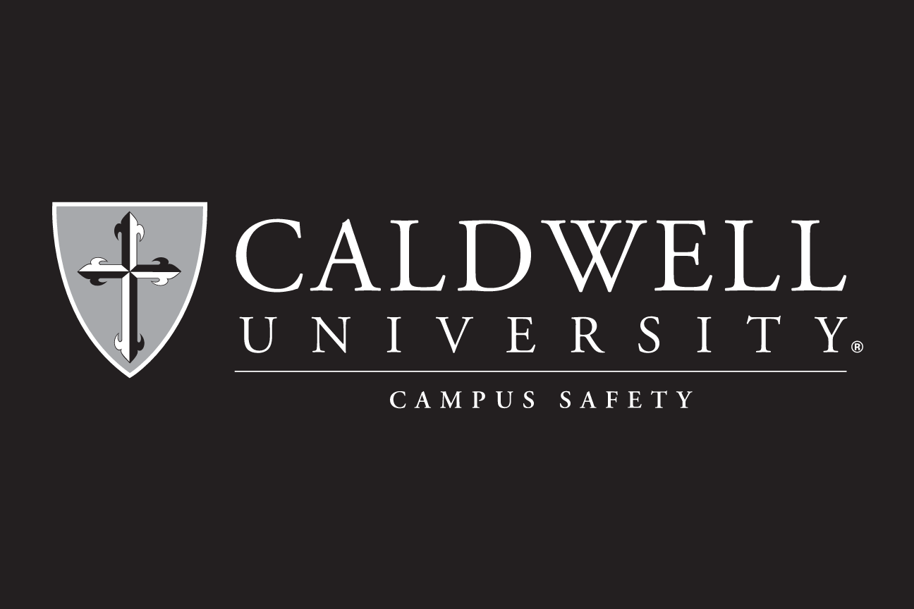 Caldwell University logo with Campus Safety, grey/white on black variant, cell 119