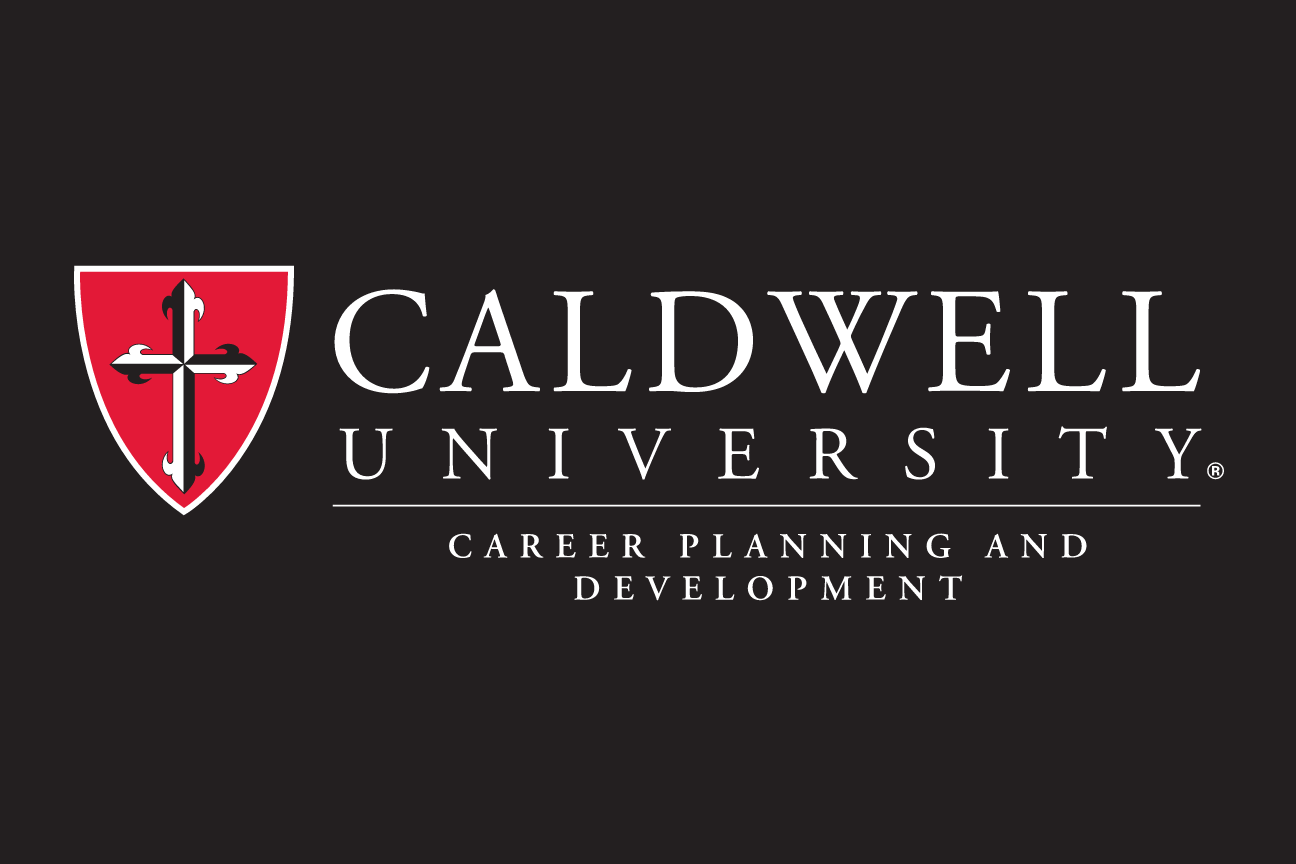 Caldwell University logo with Career Planning and Development, red/white on black variant, cell 123