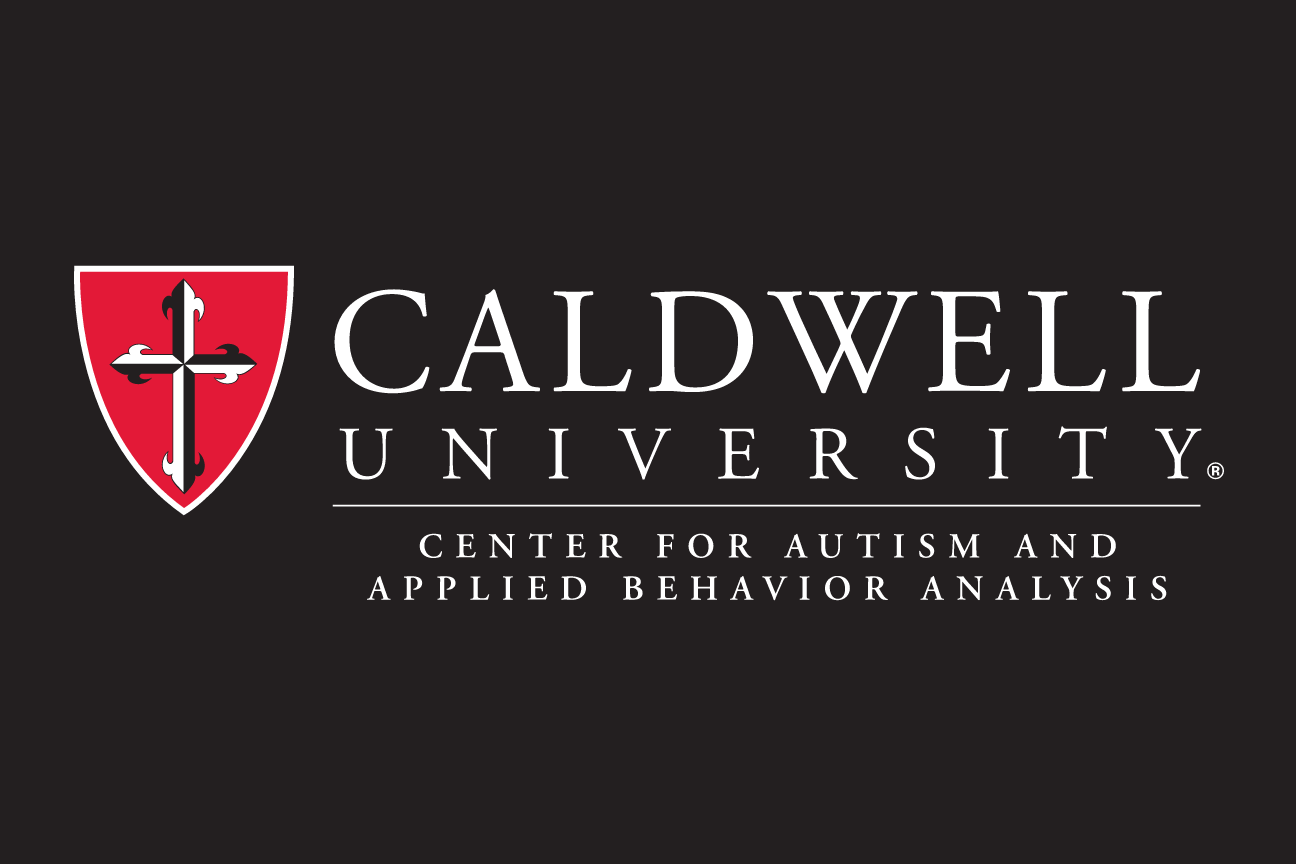 Caldwell University logo with Center for Autism and Applied Behavior Analysis, red/white on black variant, cell 129