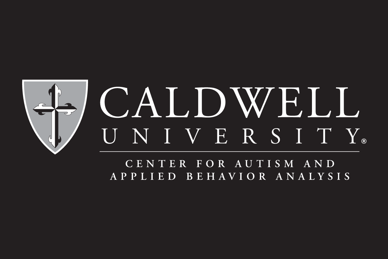 Caldwell University logo with Center for Autism and Applied Behavior Analysis, grey/white on black variant, cell 131