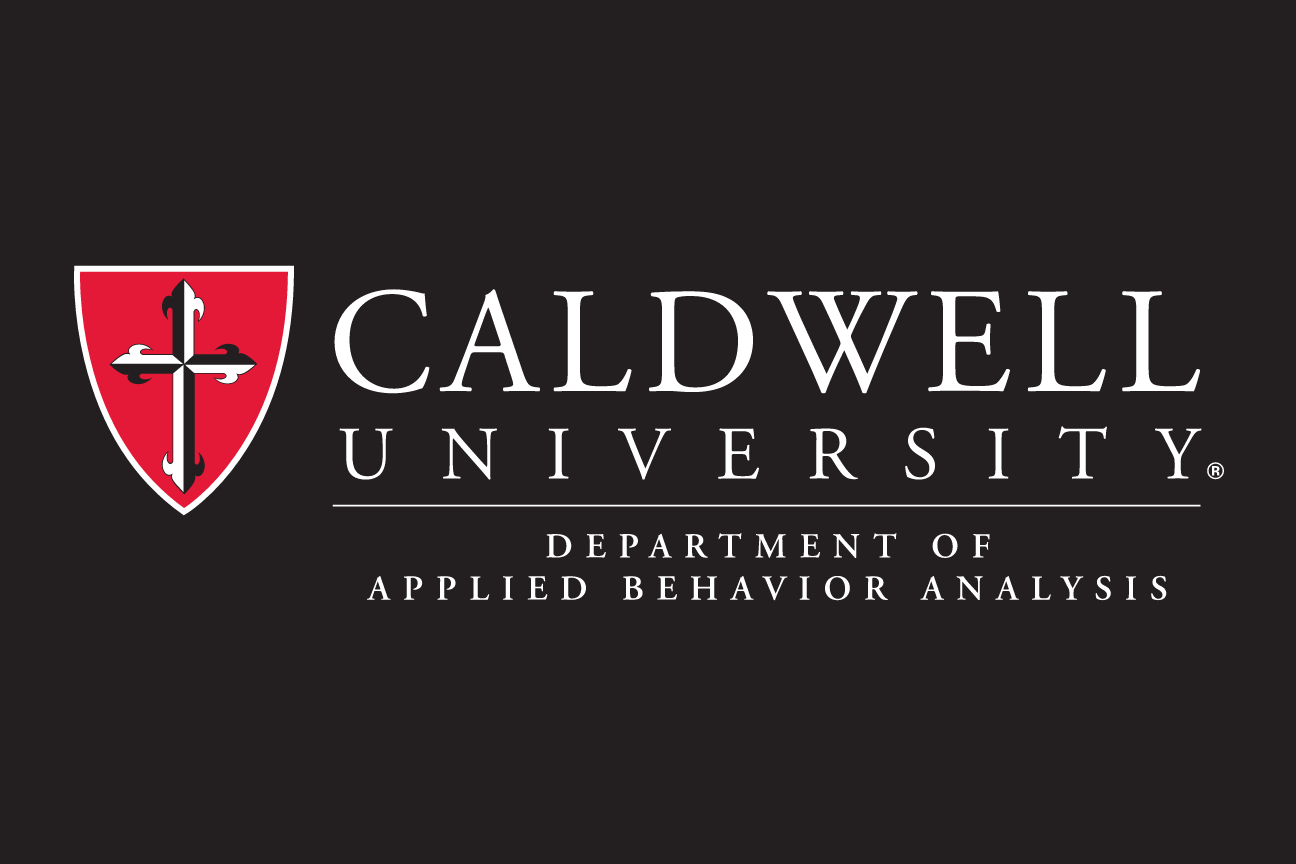 Caldwell University logo with Department of Applied Behavior Analysis, red/white on black variant, cell 135