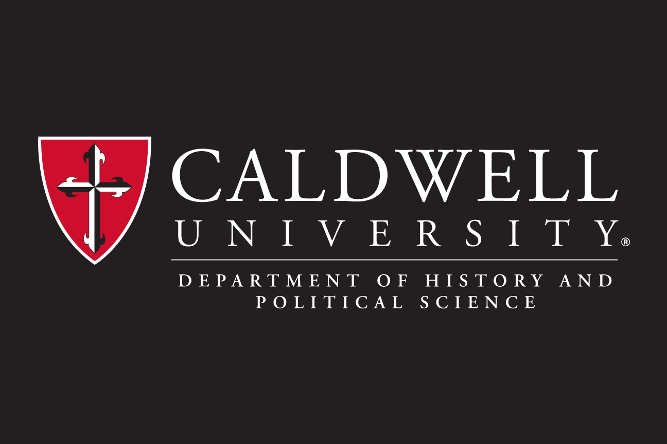 Caldwell University History and Political Science logo, red/white on black variant, cell 151