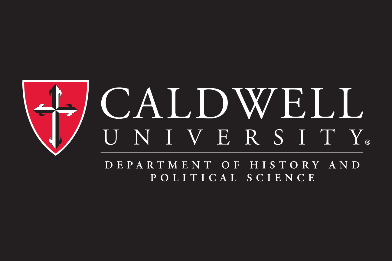 Caldwell University History and Political Science logo, red/white on black variant, cell 153