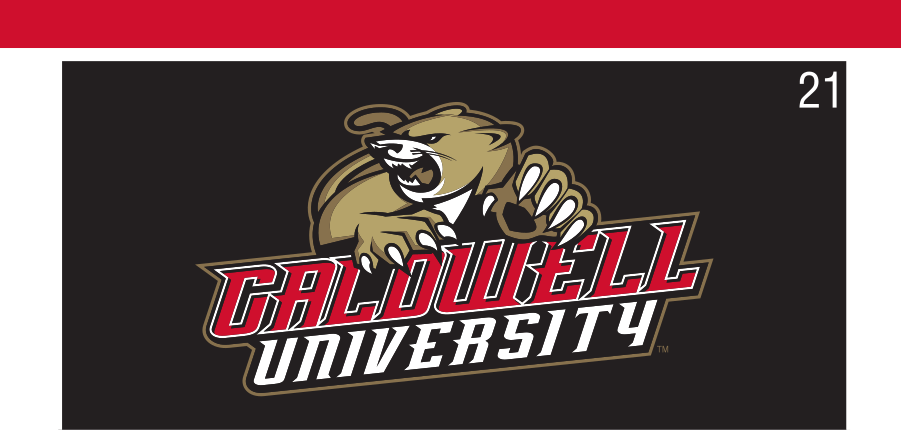 Cougar mascot with Caldwell University wordmark, full color reverse variant, cell 21