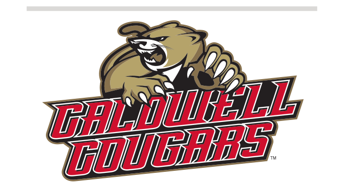 Cougar mascot with Caldwell Cougars wordmark, full color variant, cell 26