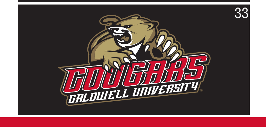 Cougar mascot with Cougars Caldwell University wordmark, full color reverse variant, cell 33