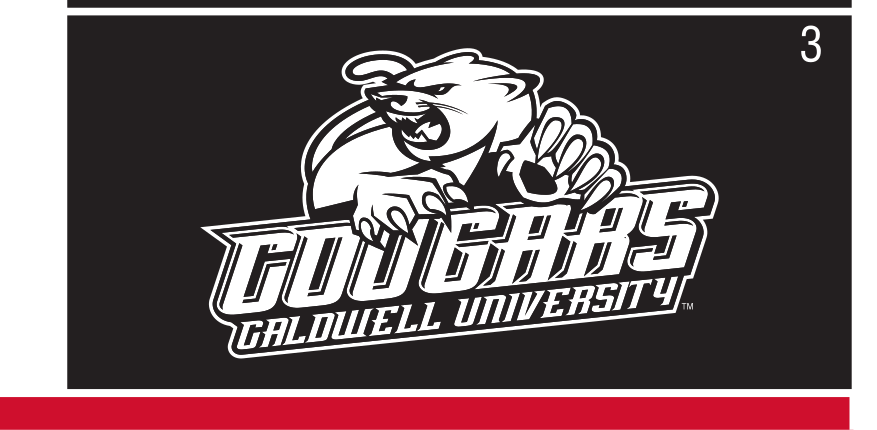 Cougar mascot with Cougars Caldwell University wordmark, 1-color reverse variant, cell 37