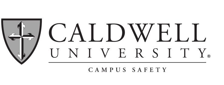 Caldwell University logo with Campus Safety, grey/black on white variant, cell 118