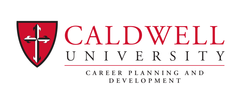 Caldwell University logo with Career Planning and Development, red/black on white variant, cell 120