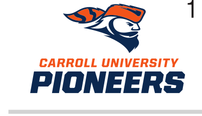 Pio Pete mascot head with stacked wordmark, orange/blue variant, cell 13