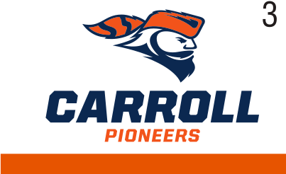 Pio Pete mascot head with stacked wordmark, orange/blue variant, cell 37