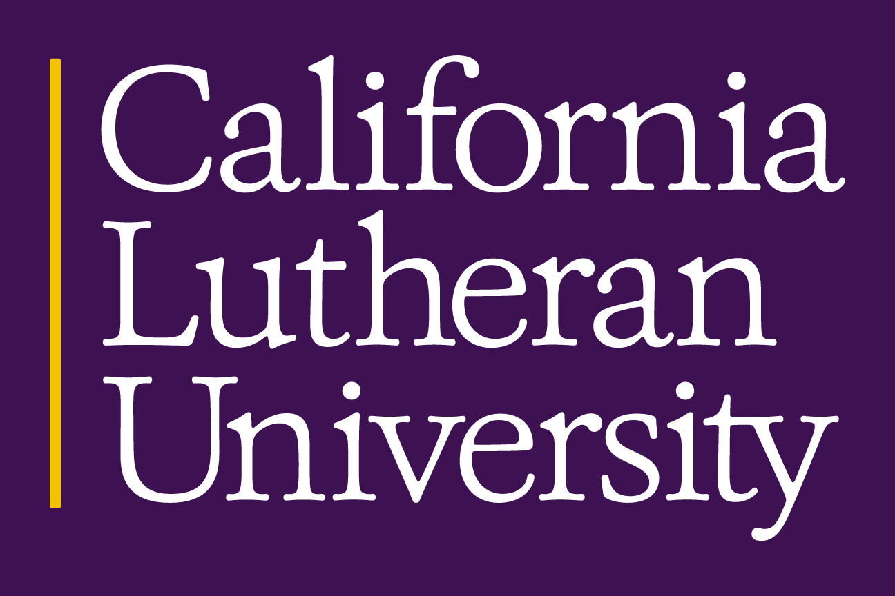 California Lutheran University stacked wordmark, white/yellow on purple variant, cell 14