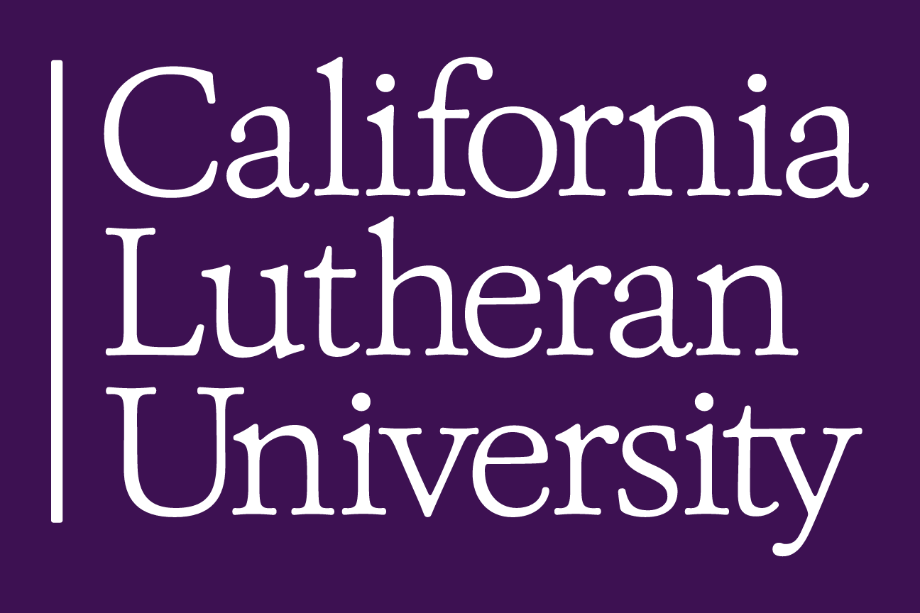 California Lutheran University stacked wordmark, white on purple variant, cell 18