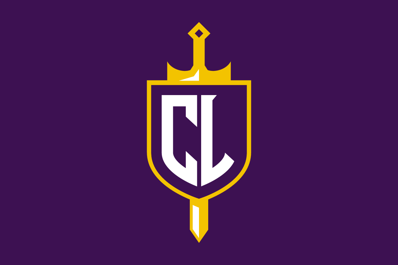 CL monogram with sword and crown, gold/white on purple variant, cell 23