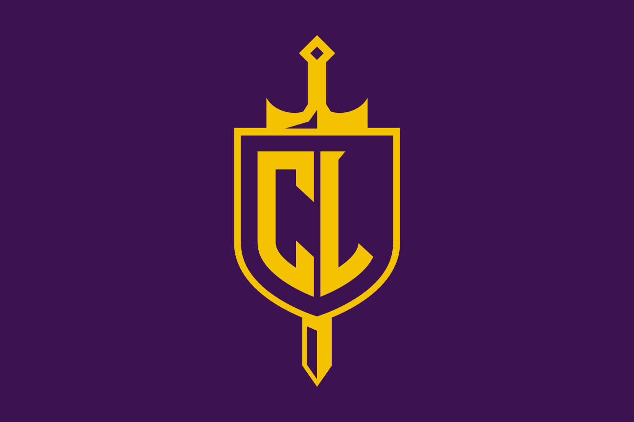 CL monogram with sword and crown, gold/purple on purple variant, cell 25