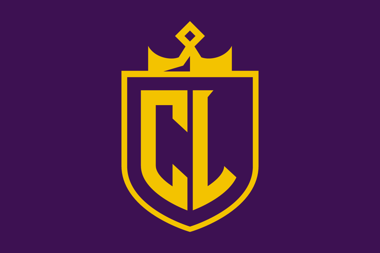 CL monogram with crown in shield, gold/purple on purple variant, cell 31