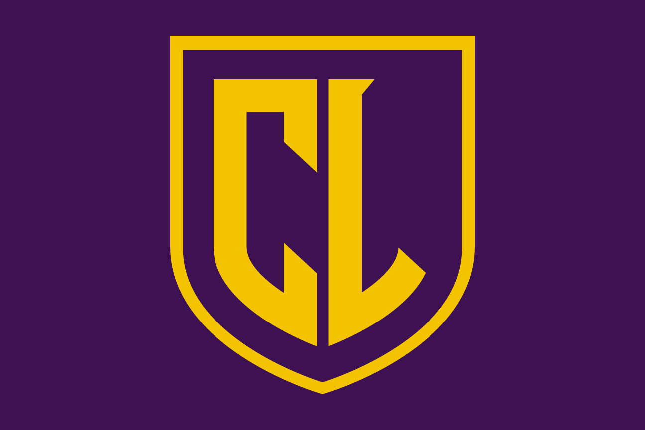 CL monogram in shield, gold/purple on purple variant, cell 37