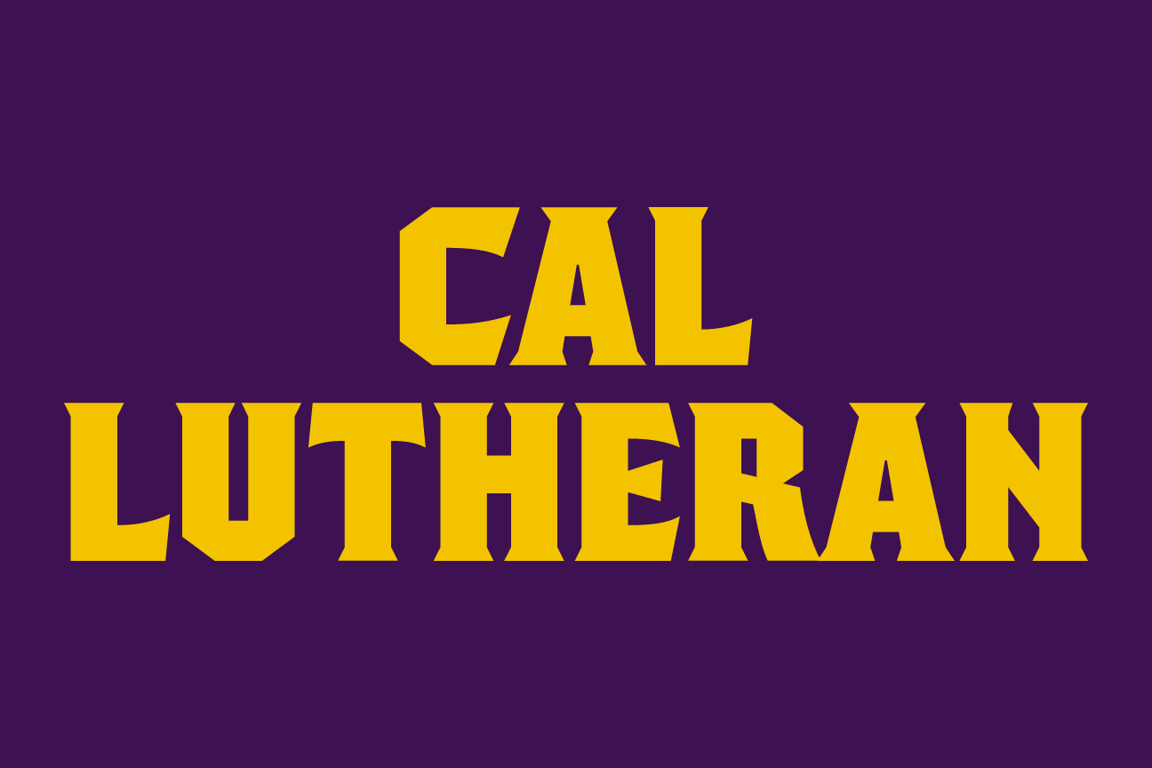 CAL LUTHERAN stacked wordmark, gold/white on purple variant, cell 50