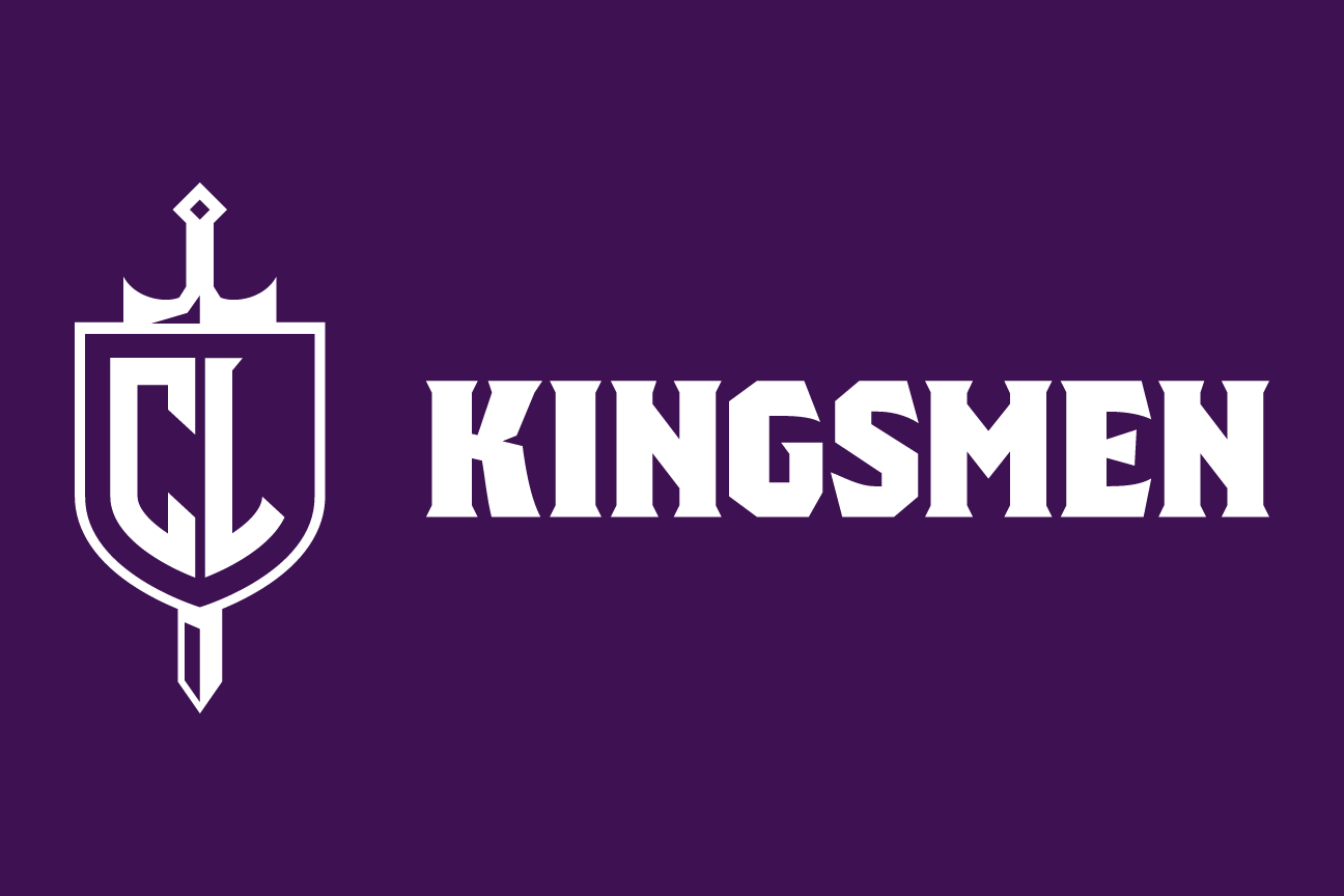 Kingsmen spirit mark, white on dark, horizontal variant, cell 96