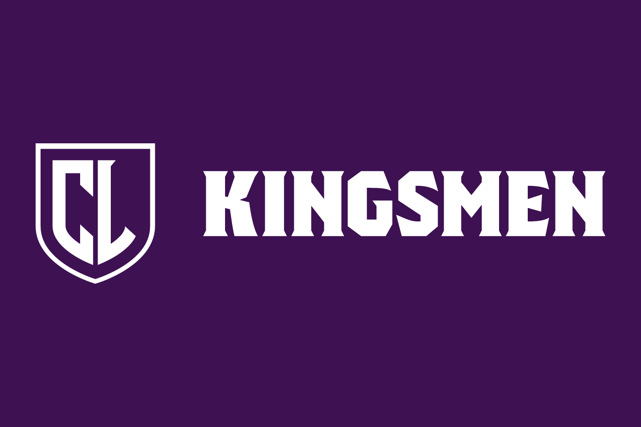 Kingsmen spirit mark, white on dark, horizontal variant, cell 102