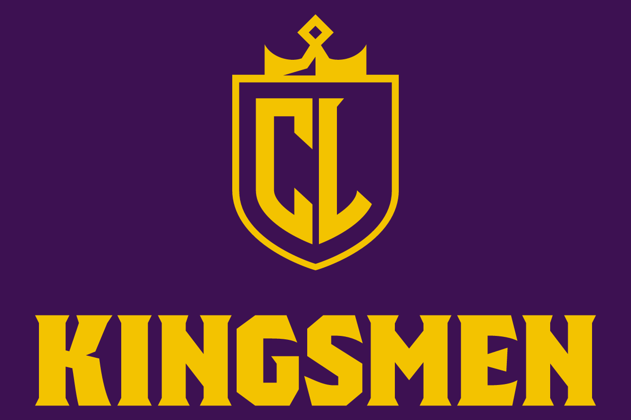 Kingsmen spirit mark, color on dark, stacked variant, cell 104