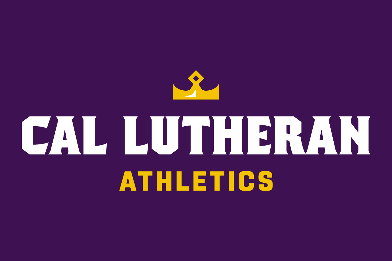 Cal Lutheran Athletics lockup, crown icon, color on dark, stacked variant, cell 137