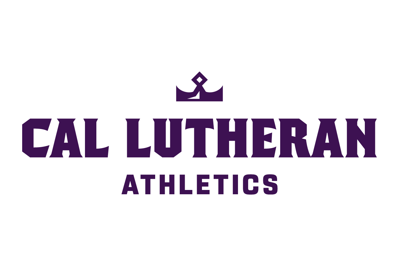 Cal Lutheran Athletics lockup, crown icon, white on dark, stacked variant, cell 138