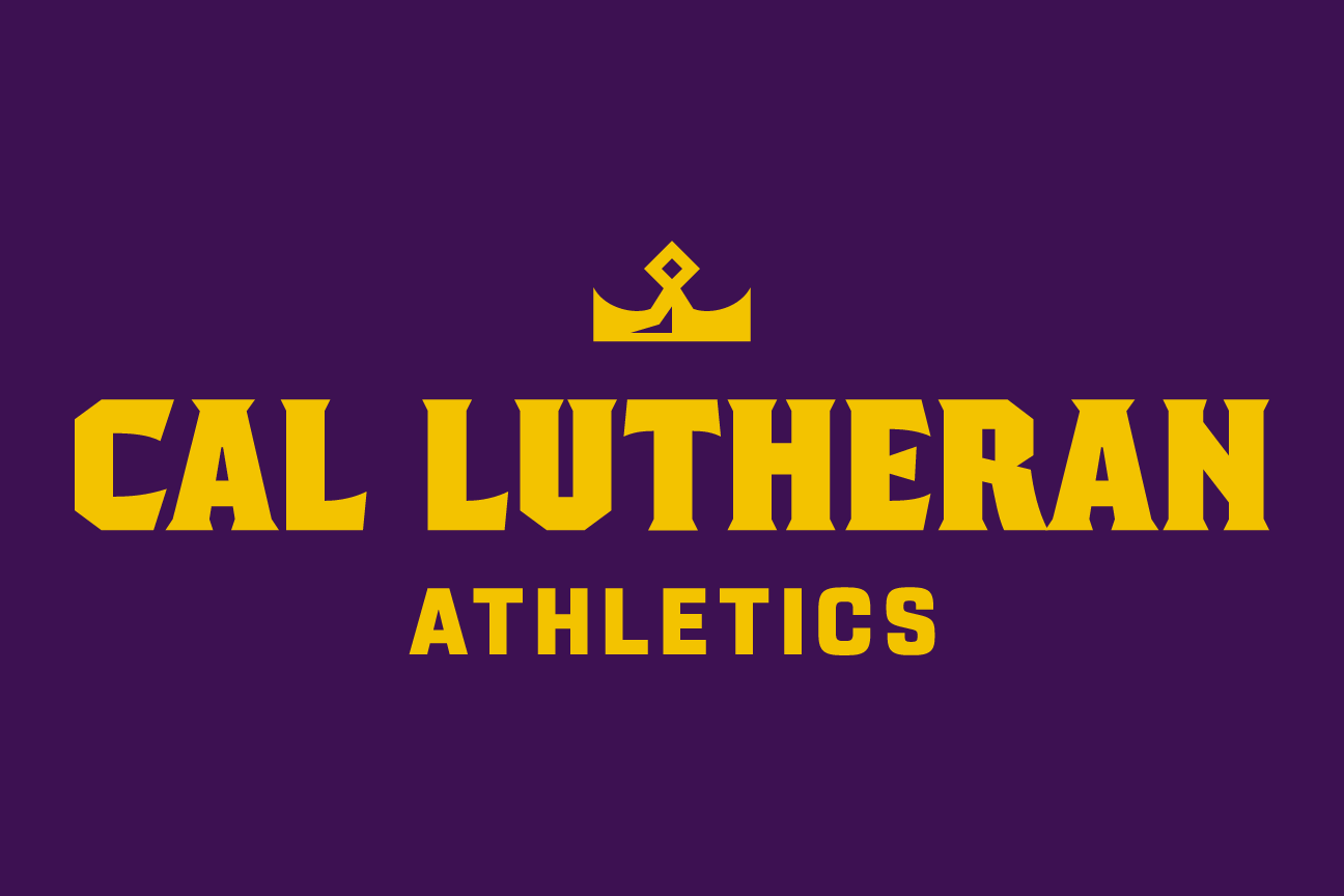 Cal Lutheran Athletics lockup, crown icon, color on dark, stacked variant, cell 139