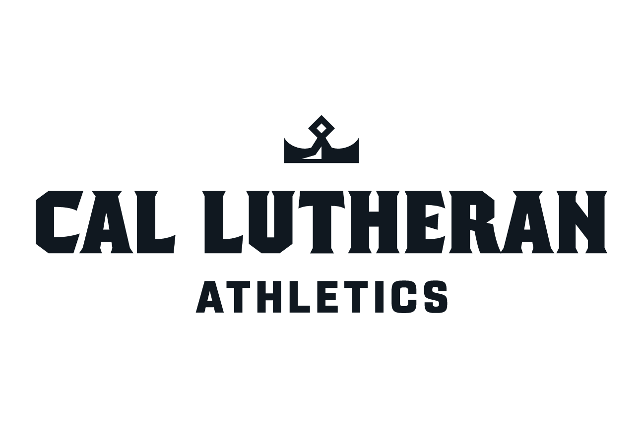 Cal Lutheran Athletics lockup, crown icon, white, stacked variant, cell 140