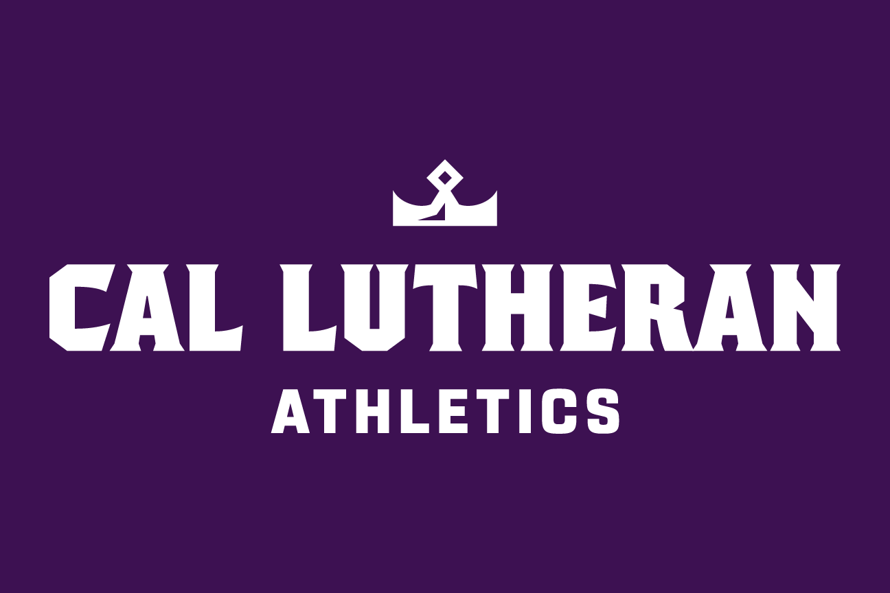 Cal Lutheran Athletics lockup, crown icon, white on dark, stacked variant, cell 141