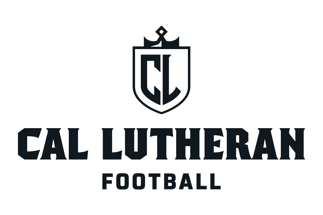 Cal Lutheran Football lockup, CL icon, white, stacked variant, cell 150