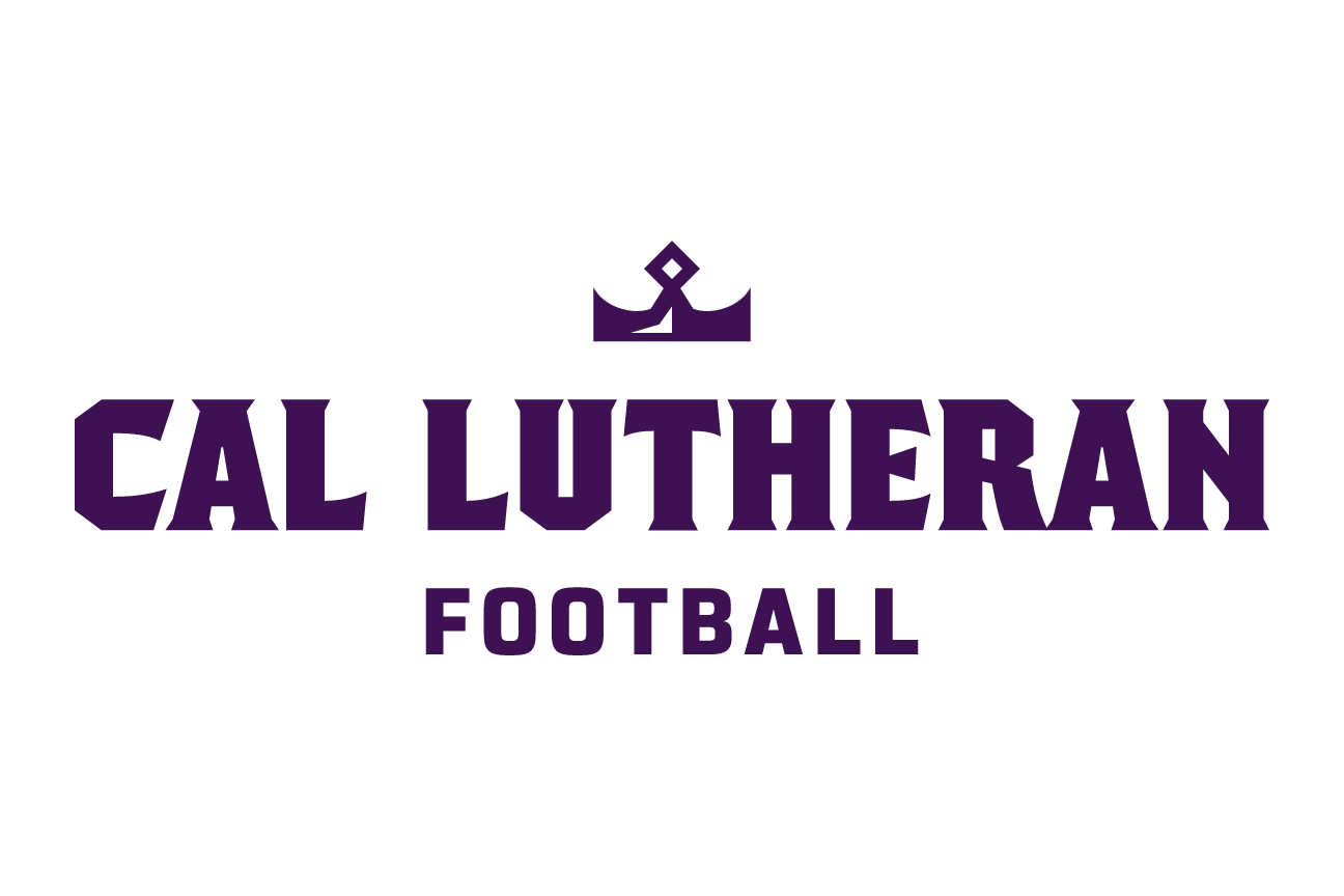 Cal Lutheran Football lockup, crown icon, white on dark, stacked variant, cell 154
