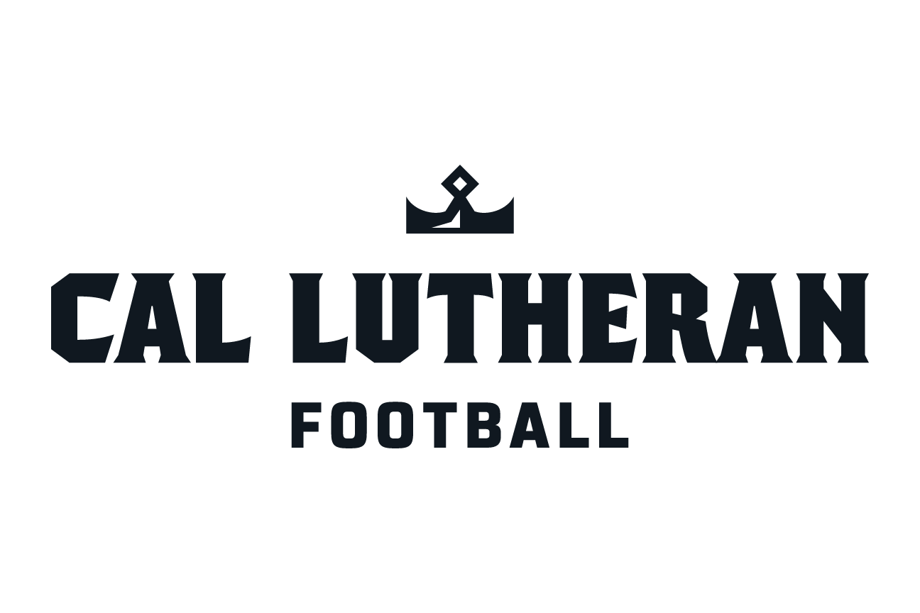 Cal Lutheran Football lockup, crown icon, white, stacked variant, cell 156