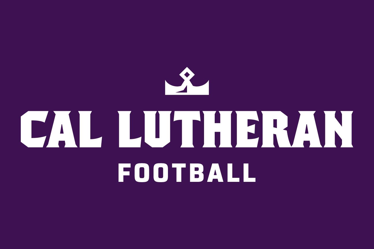 Cal Lutheran Football lockup, crown icon, white on dark, stacked variant, cell 157