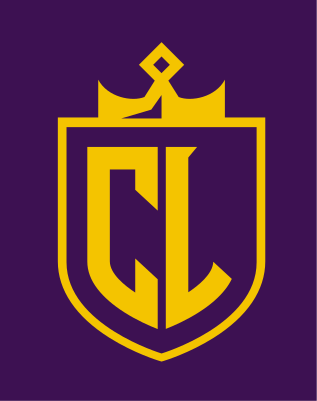 CL monogram with crown in shield, gold/purple on purple variant, cell 31