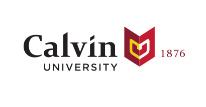 Calvin University logo, horizontal, maroon/gold icon, black text, with 1876 variant, cell 35