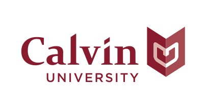 Calvin University logo, horizontal, maroon/gold icon, maroon text variant, cell 53