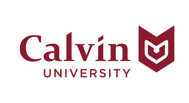 Calvin University logo, horizontal, maroon/gold icon, maroon text variant, cell 57