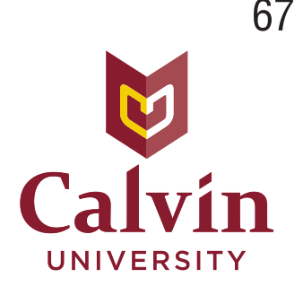 Calvin University logo, stacked, maroon/gold icon, maroon text variant, cell 67