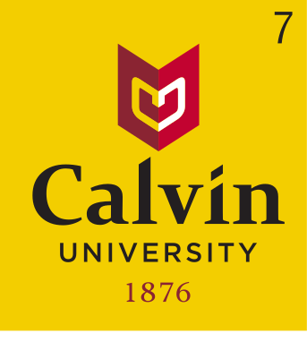 Calvin University logo, stacked, maroon/gold icon, black text, with 1876, on gold variant, cell 74
