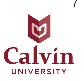 Calvin University logo, stacked, maroon/gold icon, maroon text variant, cell 77