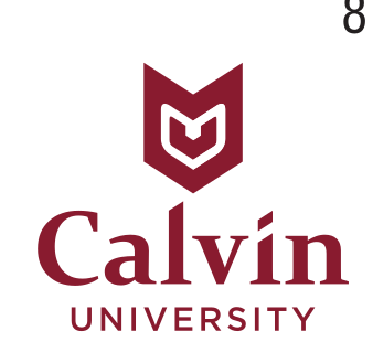 Calvin University logo, stacked, maroon/gold icon, maroon text variant, cell 81