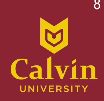 Calvin University logo, stacked, maroon/gold icon, gold text, on maroon variant, cell 82