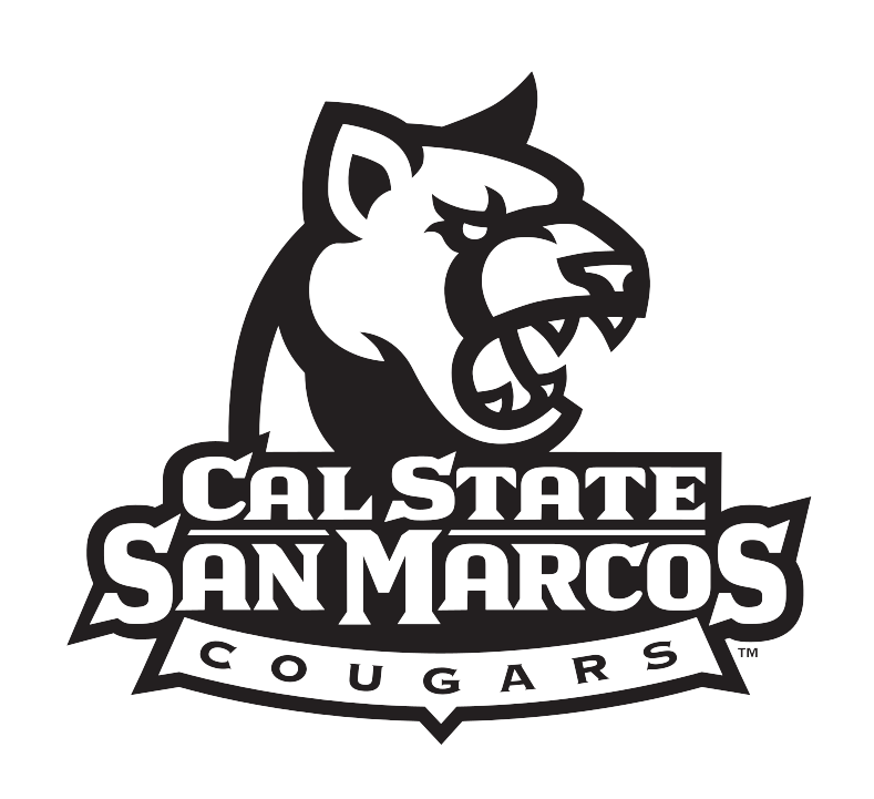 Cougar head with Cal State San Marcos Cougars wordmark, black and white variant, cell 17